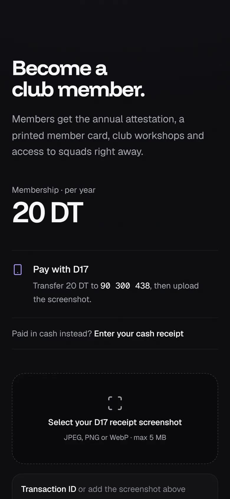 The membership screen: 20 DT a year, pay with D17 or Flouci