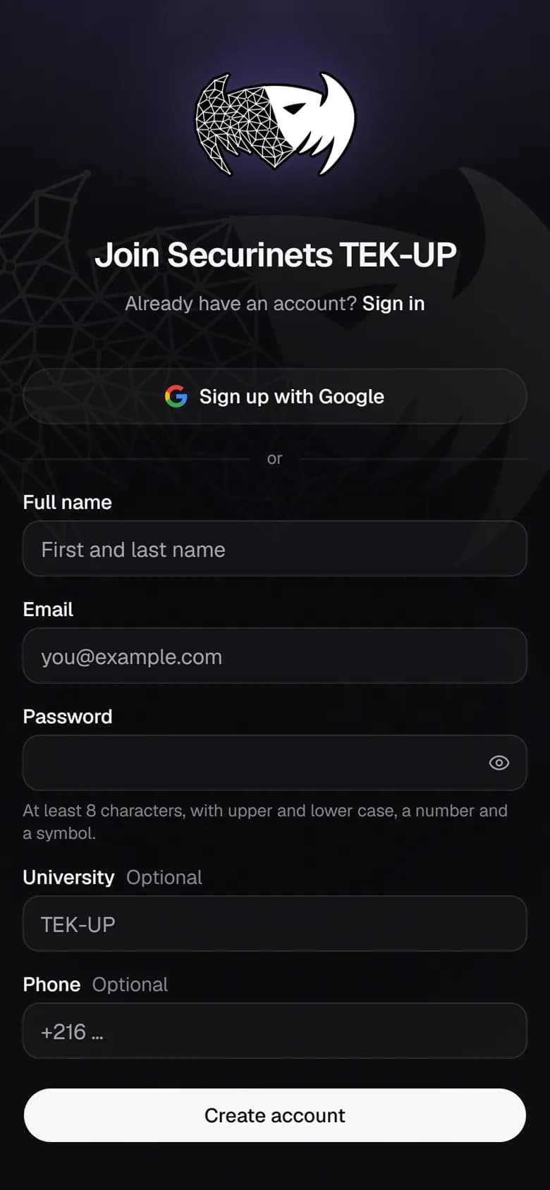 The Securinets sign-up form on a phone