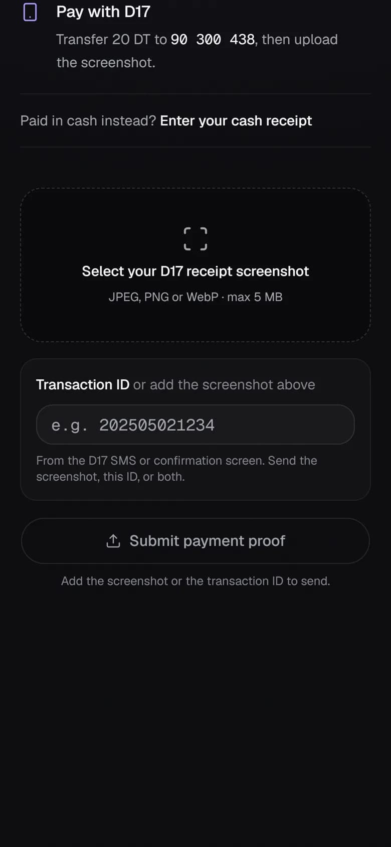 The payment proof upload on a phone